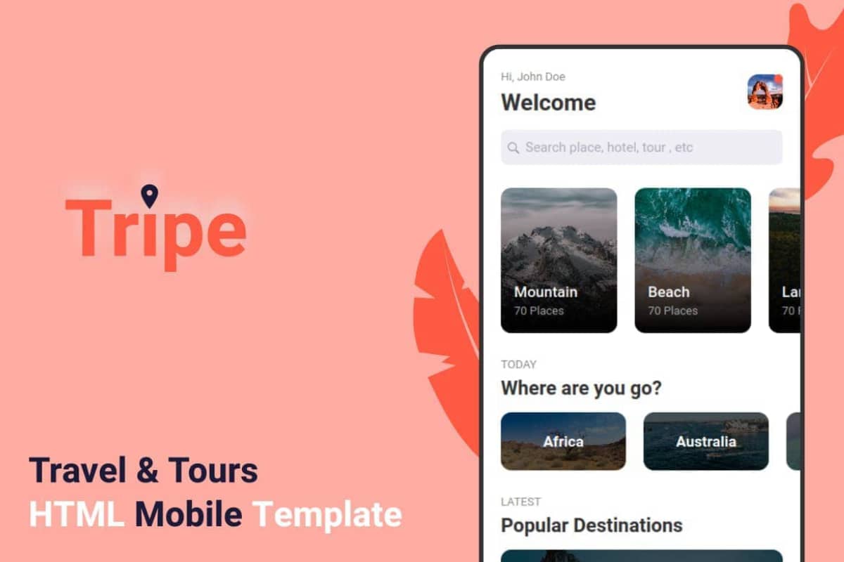 Tripe – 旅游和旅行社移动模板